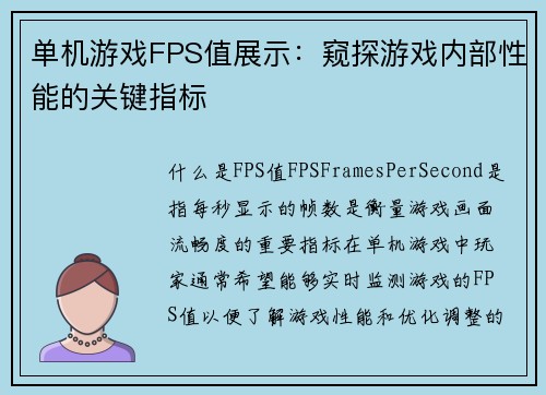 单机游戏FPS值展示：窥探游戏内部性能的关键指标