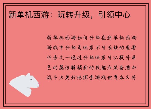 新单机西游：玩转升级，引领中心